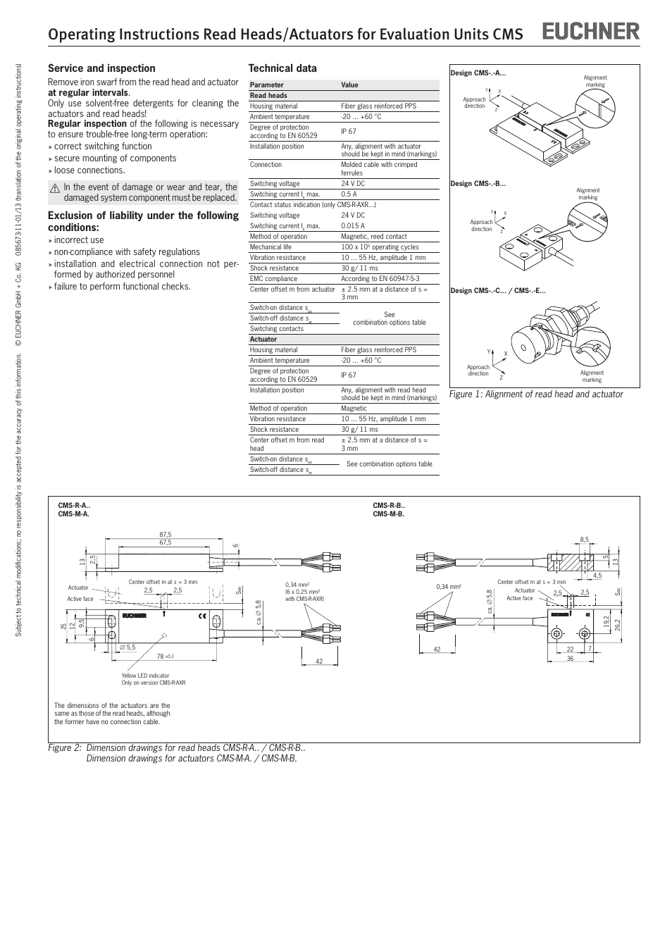 Technical data, Service and inspection | EUCHNER CMS(01/13) User Manual | Page 5 / 12