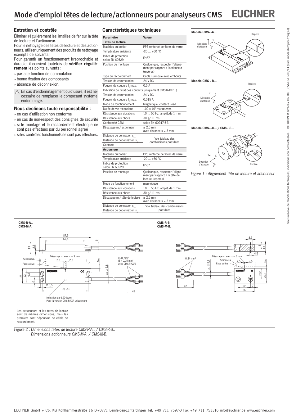 Caractéristiques techniques, Entretien et contrôle, Nous déclinons toute responsabilité | EUCHNER CMS(01/13) User Manual | Page 8 / 12