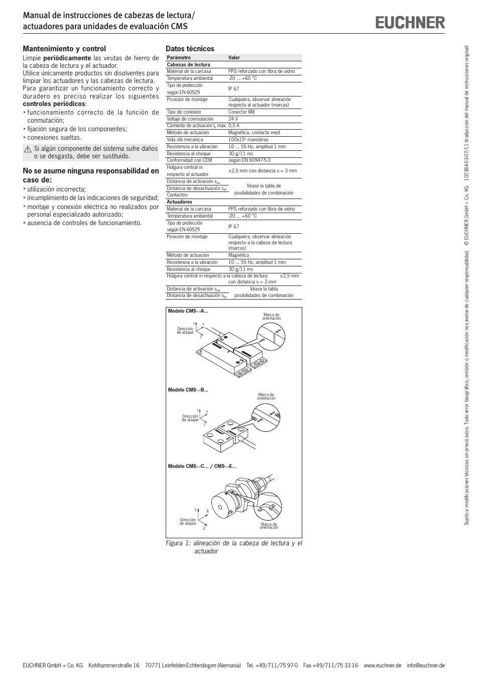 Datos técnicos, Mantenimiento y control, No se asume ninguna responsabilidad en caso de | EUCHNER CMS(07/11) User Manual | Page 11 / 12