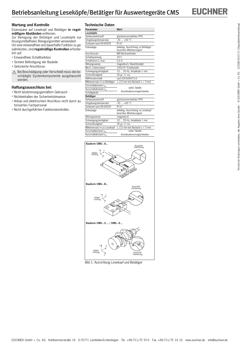 Technische daten, Wartung und kontrolle, Haftungsausschluss bei | EUCHNER CMS(07/11) User Manual | Page 2 / 12