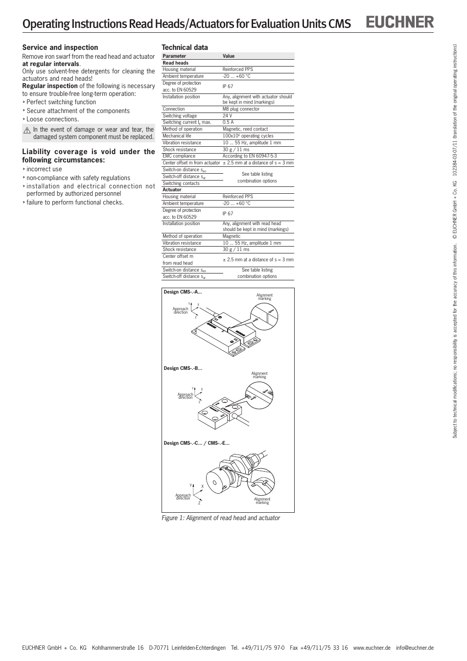 Technical data, Service and inspection | EUCHNER CMS(07/11) User Manual | Page 5 / 12
