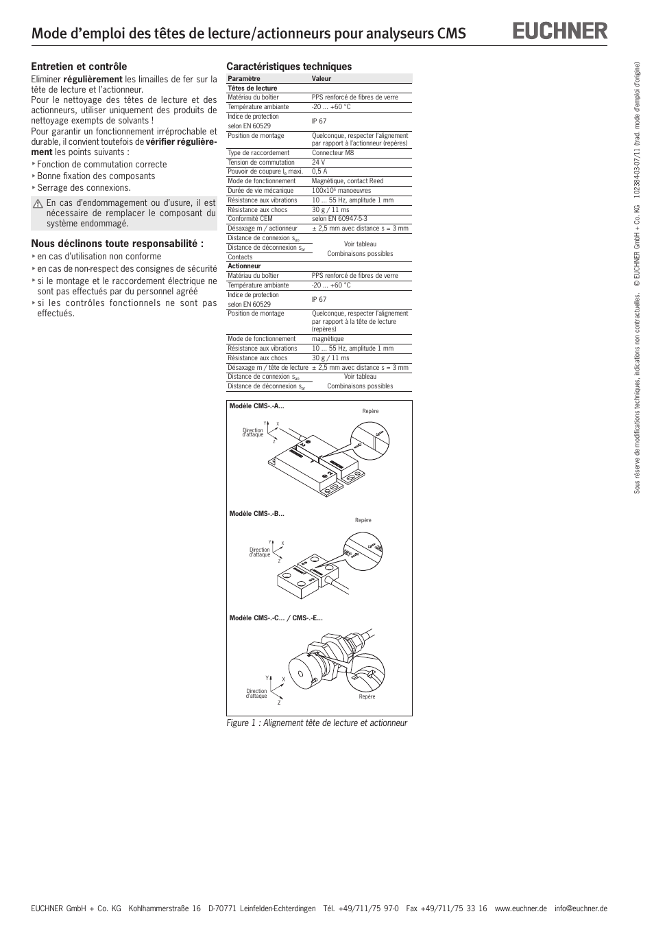 Caractéristiques techniques, Entretien et contrôle, Nous déclinons toute responsabilité | EUCHNER CMS(07/11) User Manual | Page 8 / 12
