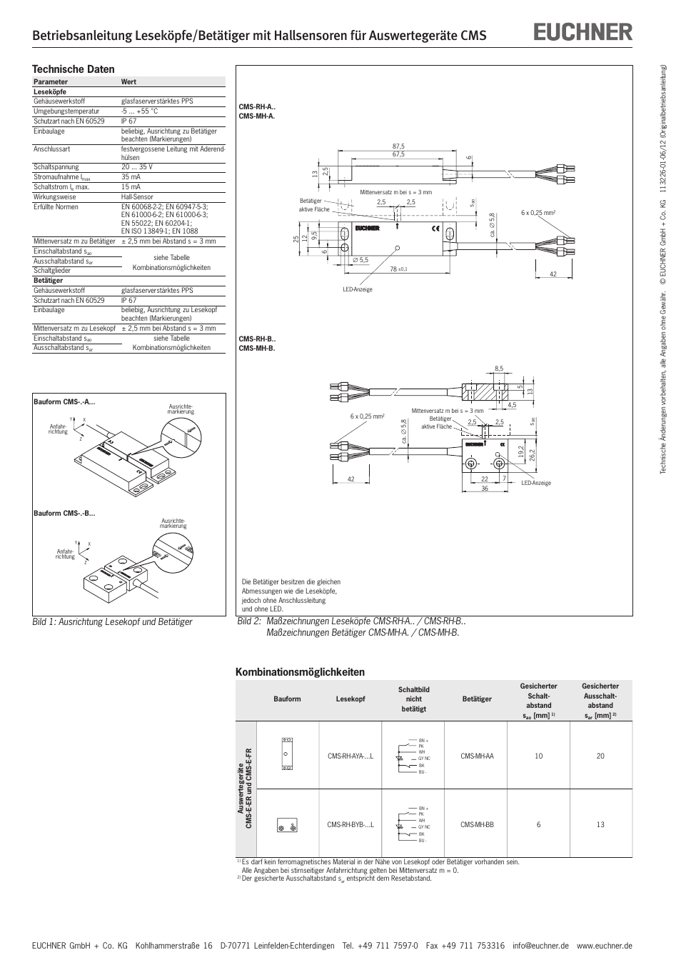 Kombinationsmöglichkeiten, Technische daten, Bild 1: ausrichtung lesekopf und betätiger | EUCHNER CMS(06/12) User Manual | Page 2 / 8