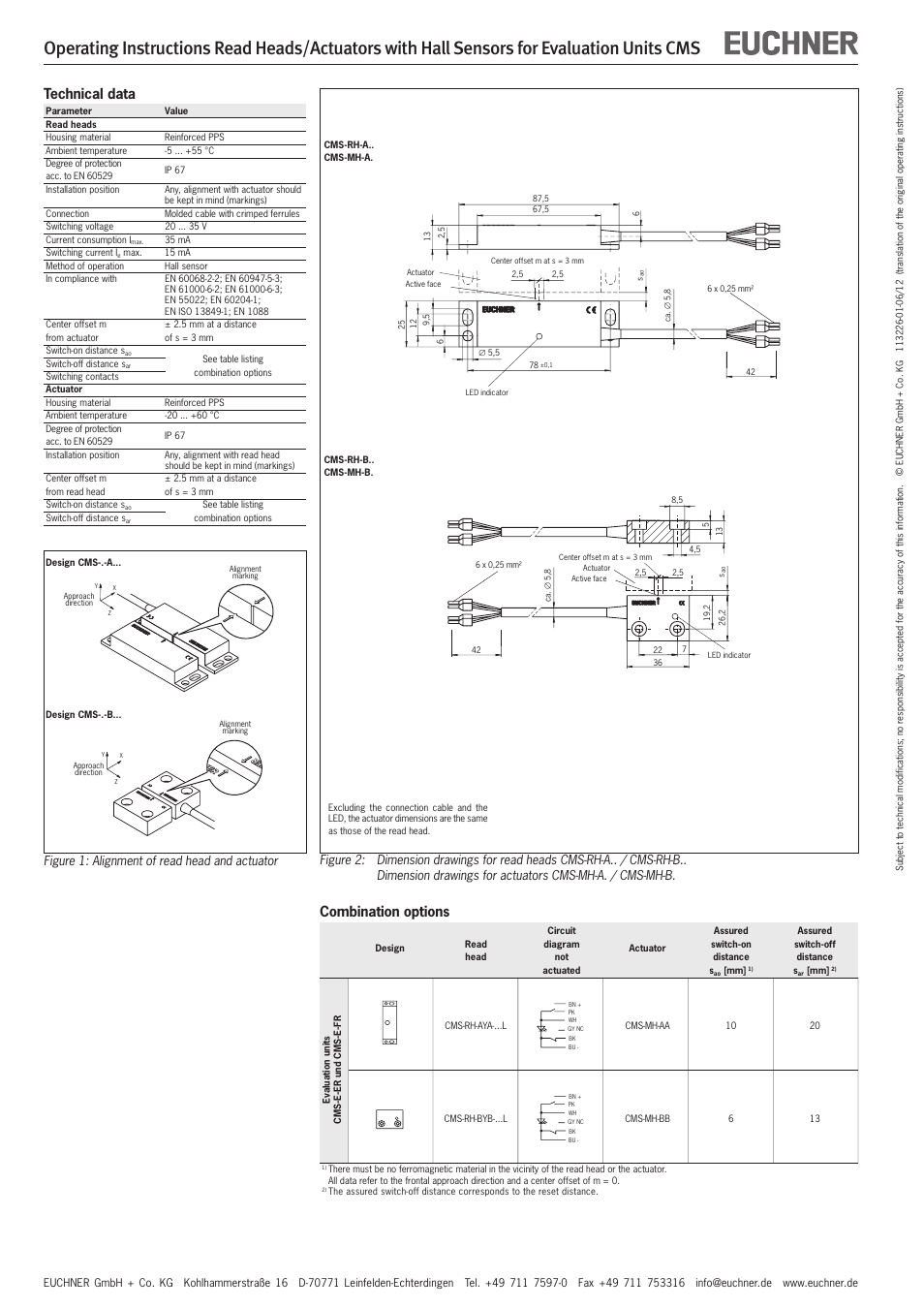 Combination options, Technical data, Figure 1: alignment of read head and actuator | EUCHNER CMS(06/12) User Manual | Page 4 / 8