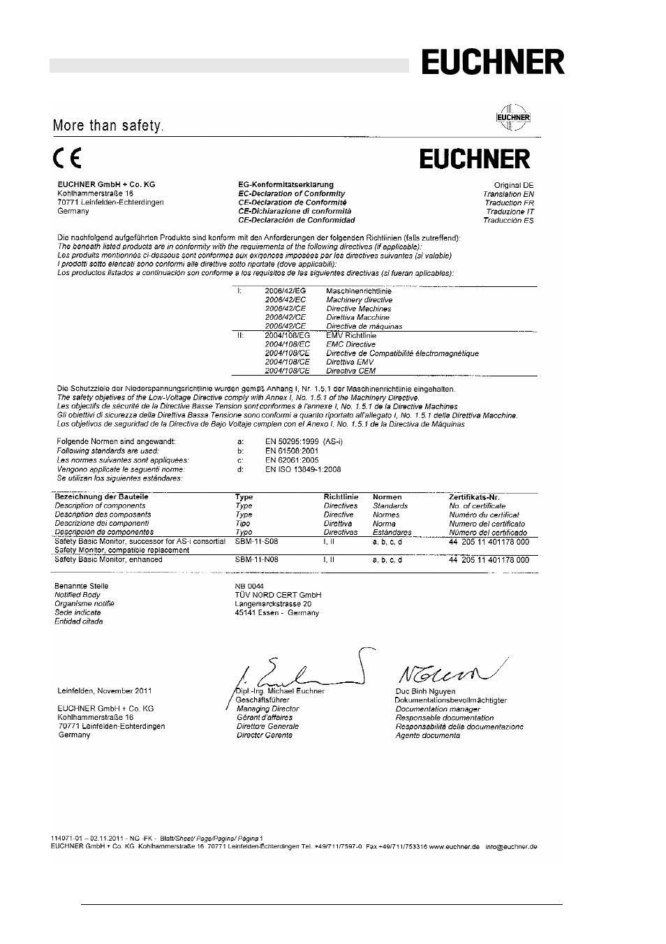 Ec declaration of conformity | EUCHNER Safety Basic Monitor User Manual | Page 6 / 46