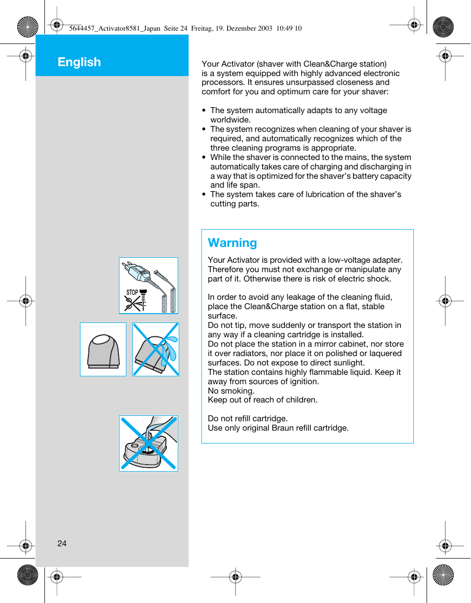 Warning, English | Braun 8581 User Manual | Page 24 / 32