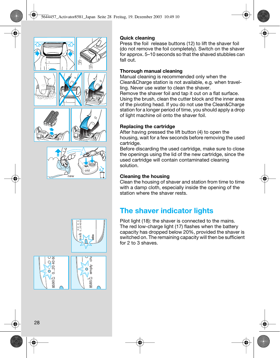 The shaver indicator lights | Braun 8581 User Manual | Page 28 / 32