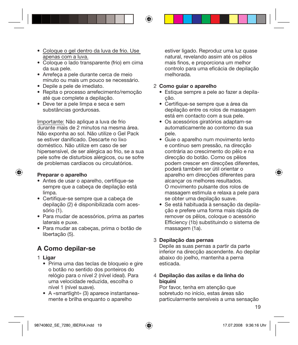 A como depilar-se | Braun 7280 User Manual | Page 19 / 34