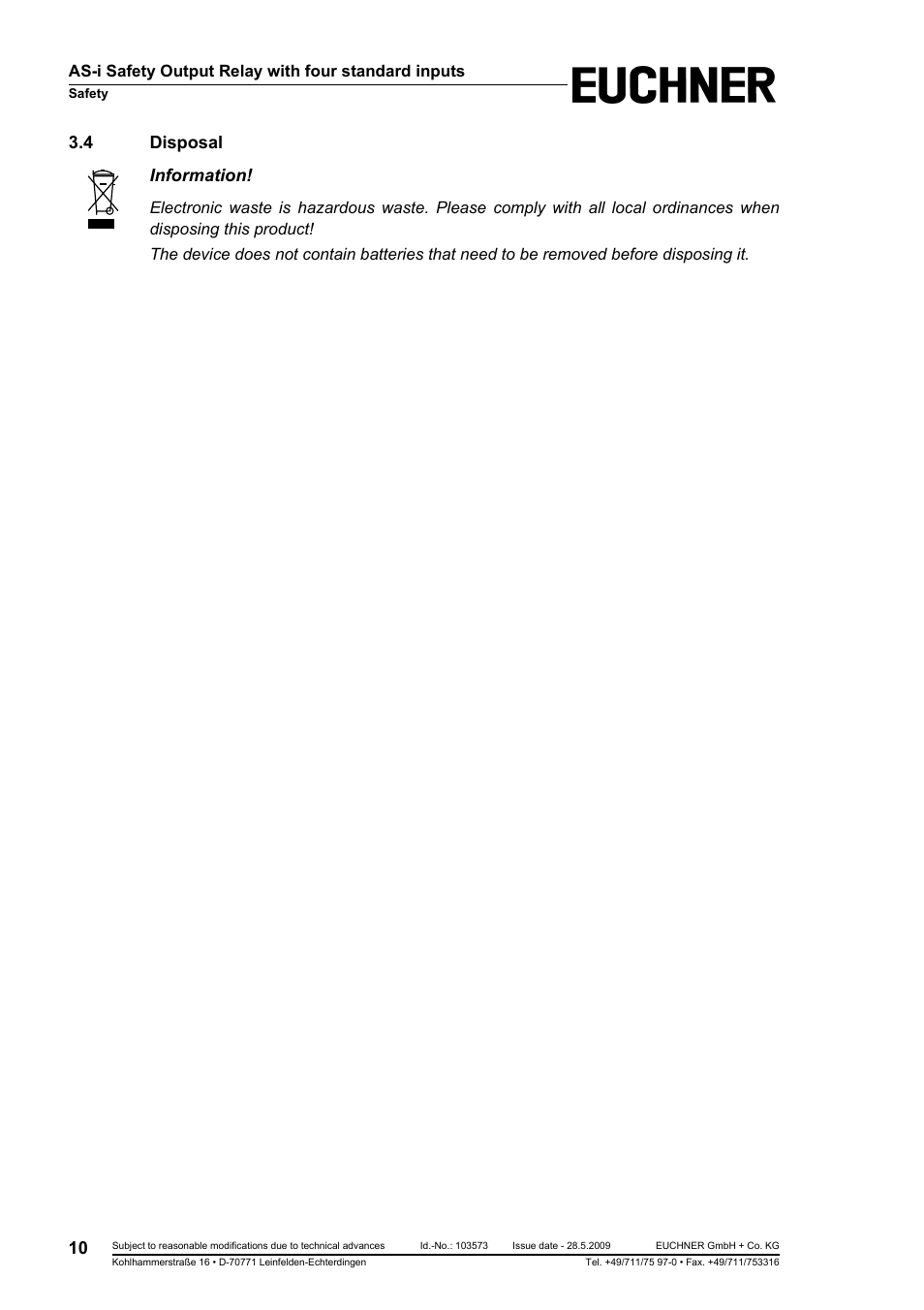 4 disposal, Disposal, 4 disposal information | EUCHNER AS-i Safety Output Relay with four standard inputs User Manual | Page 10 / 28