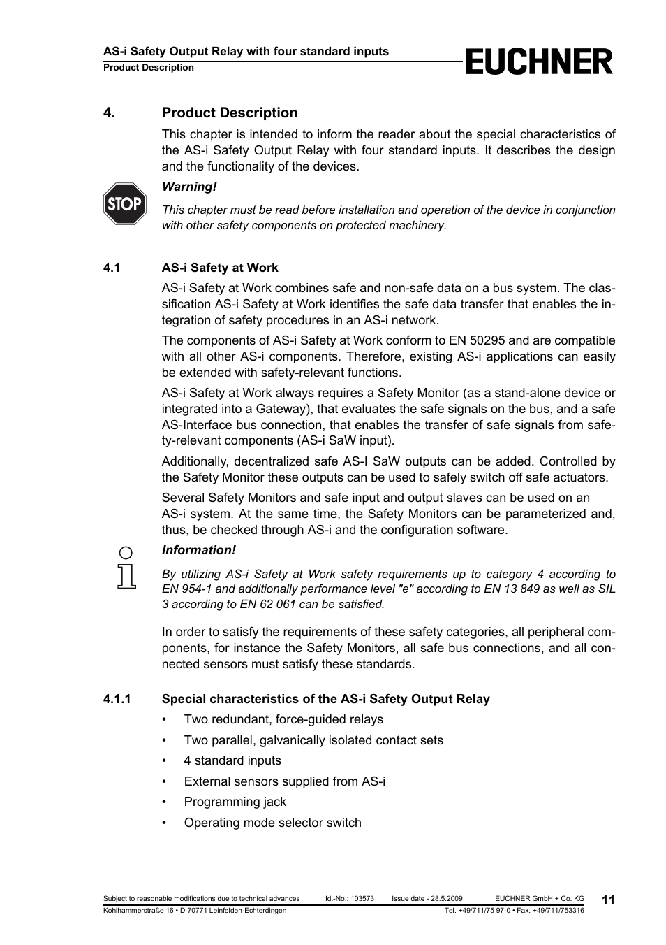 Product description, 1 as-i safety at work | EUCHNER AS-i Safety Output Relay with four standard inputs User Manual | Page 11 / 28