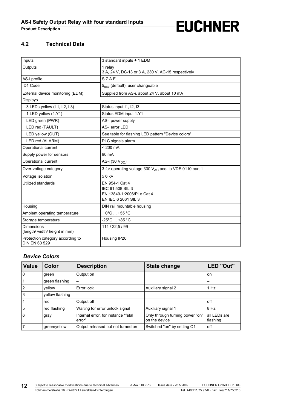2 technical data, As-i safety output relay with four standard inputs | EUCHNER AS-i Safety Output Relay with four standard inputs User Manual | Page 12 / 28