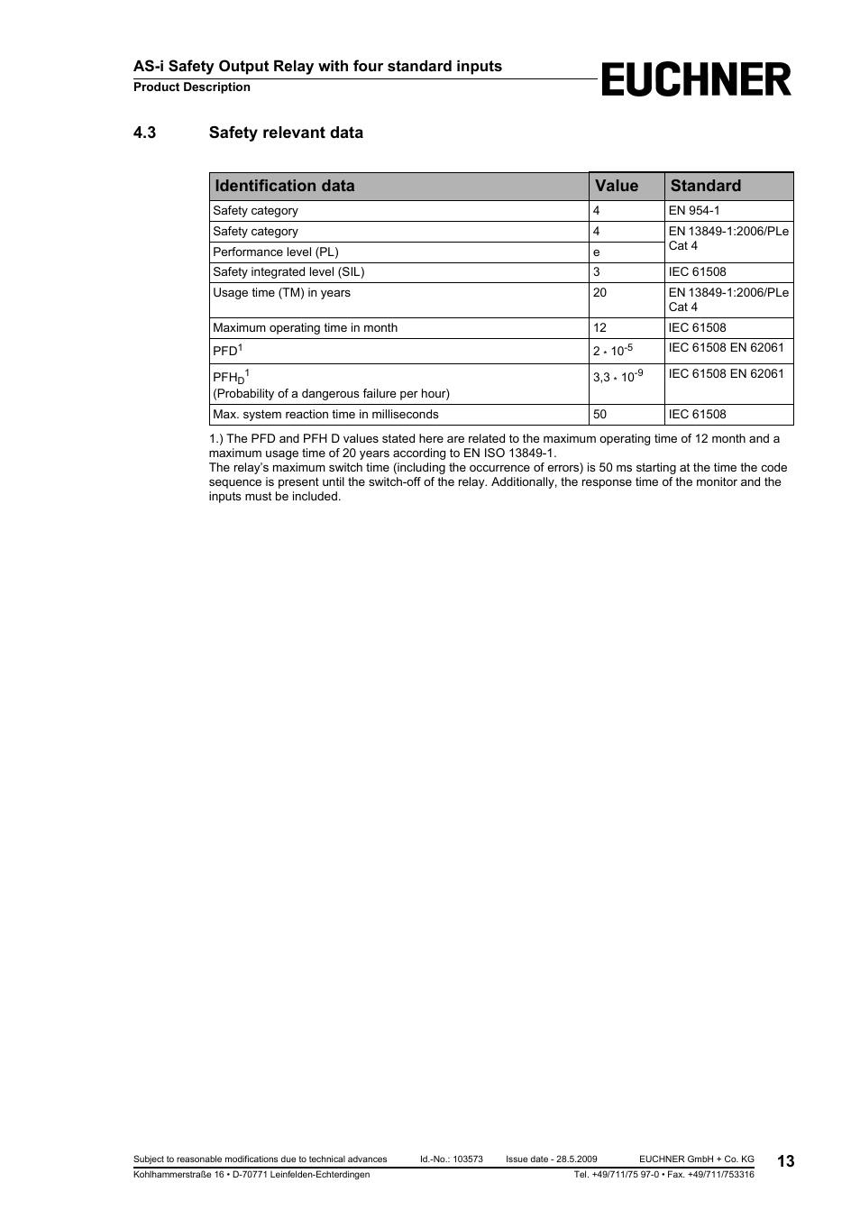3 safety relevant data, Identification data value standard, As-i safety output relay with four standard inputs | EUCHNER AS-i Safety Output Relay with four standard inputs User Manual | Page 13 / 28