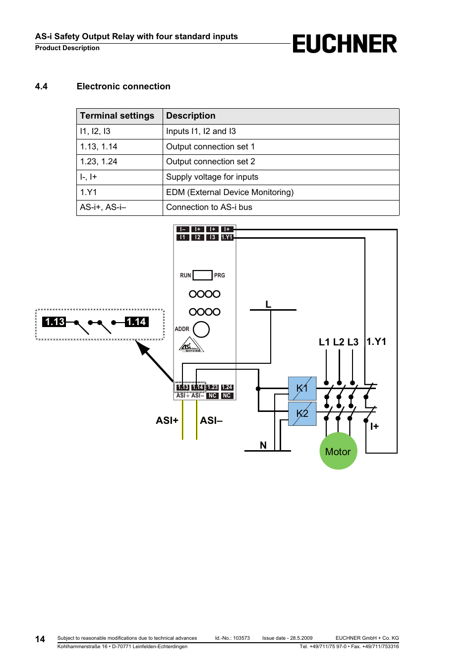 4 electronic connection, Asi+ asi, As-i safety output relay with four standard inputs | EUCHNER AS-i Safety Output Relay with four standard inputs User Manual | Page 14 / 28