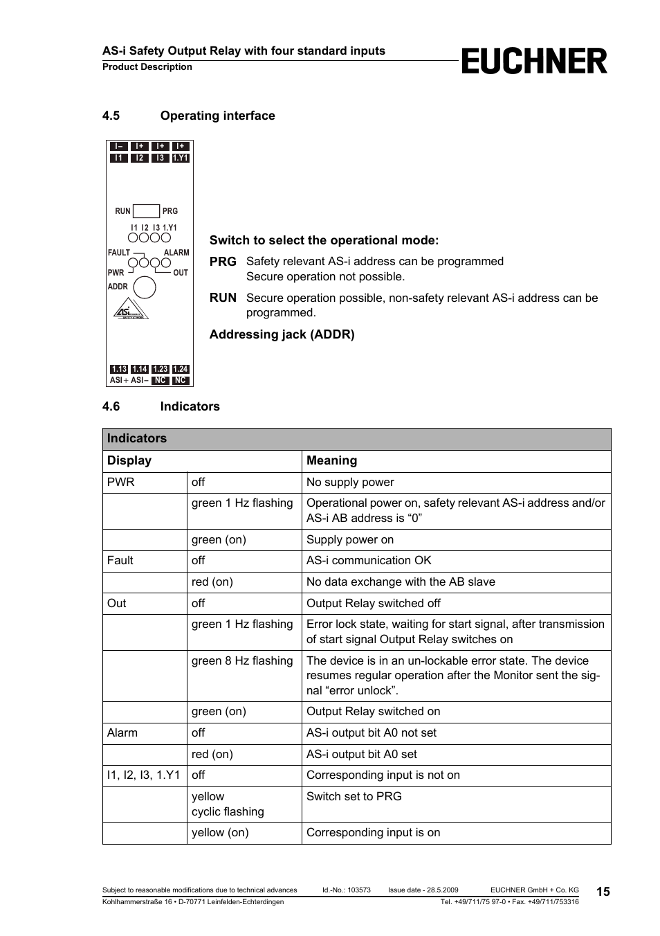 5 operating interface, 6 indicators, Addressing jack (addr) indicators display meaning | As-i safety output relay with four standard inputs | EUCHNER AS-i Safety Output Relay with four standard inputs User Manual | Page 15 / 28