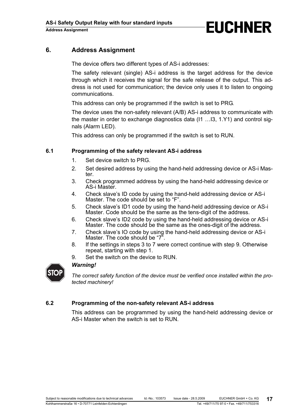 Address assignment, 1 programming of the safety relevant as-i address, Programming of the safety relevant as-i address | EUCHNER AS-i Safety Output Relay with four standard inputs User Manual | Page 17 / 28