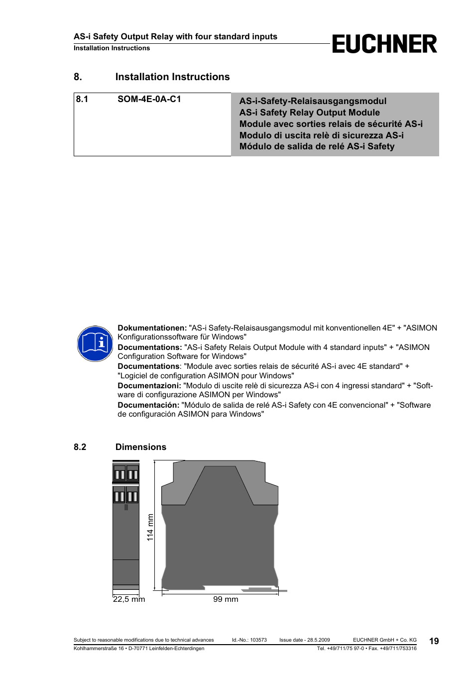 Installation instructions, 1 som-4e-0a-c1, 2 dimensions | Som-4e-0a-c1, Dimensions | EUCHNER AS-i Safety Output Relay with four standard inputs User Manual | Page 19 / 28