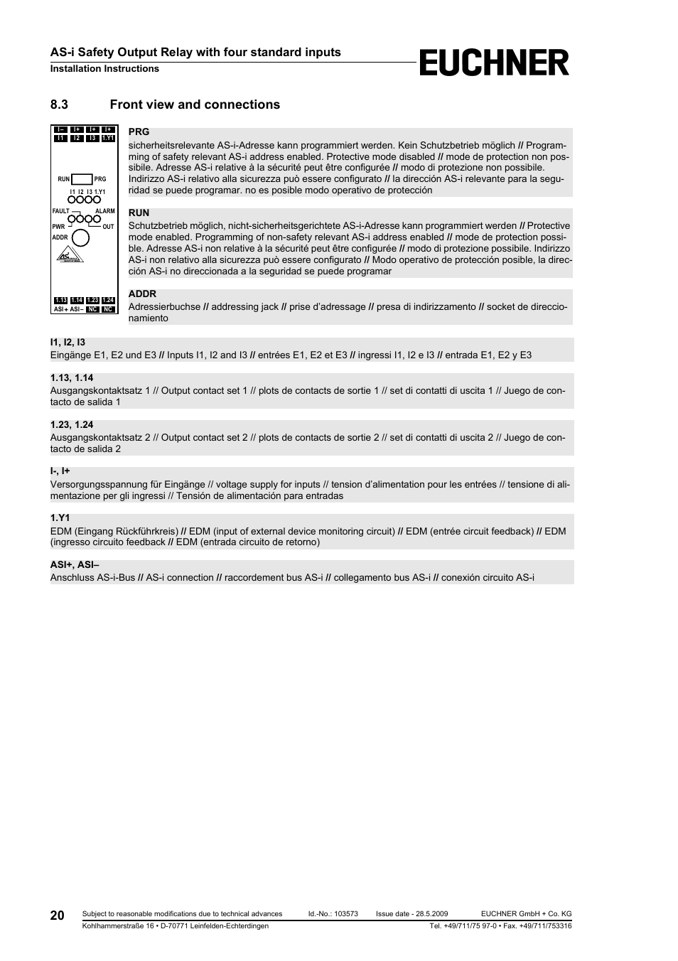 3 front view and connections, Front view and connections, As-i safety output relay with four standard inputs | Installation instructions | EUCHNER AS-i Safety Output Relay with four standard inputs User Manual | Page 20 / 28