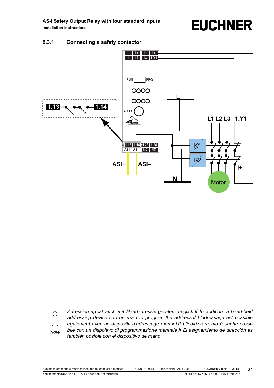 1 connecting a safety contactor, Connecting a safety contactor, Asi+ asi | As-i safety output relay with four standard inputs | EUCHNER AS-i Safety Output Relay with four standard inputs User Manual | Page 21 / 28