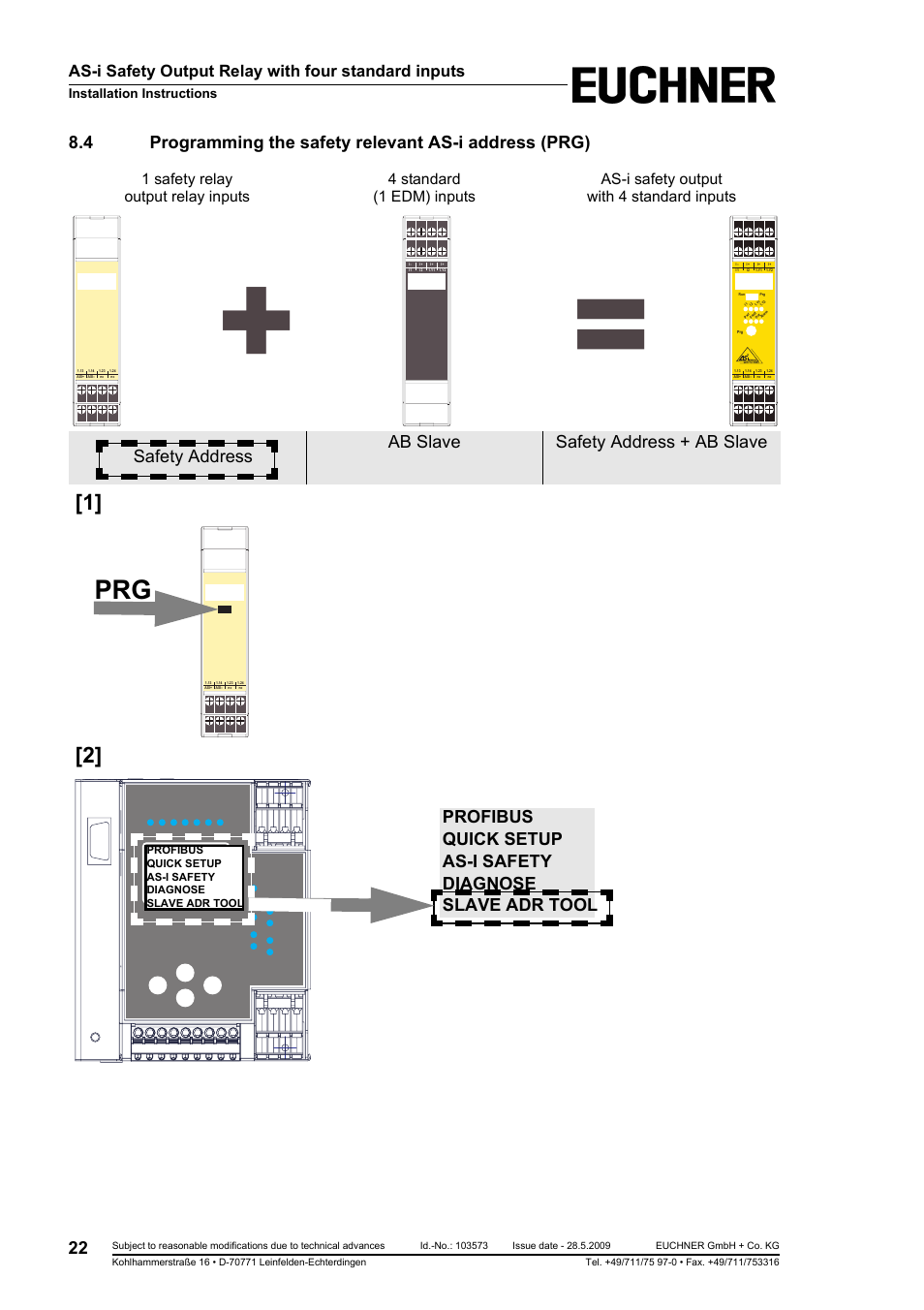 Programming the safety relevant as-i address (prg), Ab slave safety address + ab slave, Safety address | As-i safety output relay with four standard inputs | EUCHNER AS-i Safety Output Relay with four standard inputs User Manual | Page 22 / 28