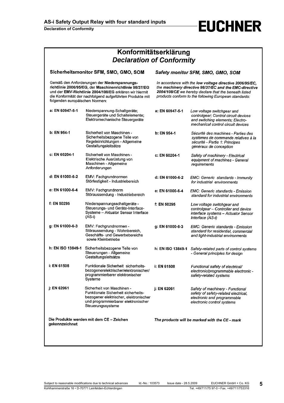 Declaration of conformity, As-i safety output relay with four standard inputs | EUCHNER AS-i Safety Output Relay with four standard inputs User Manual | Page 5 / 28