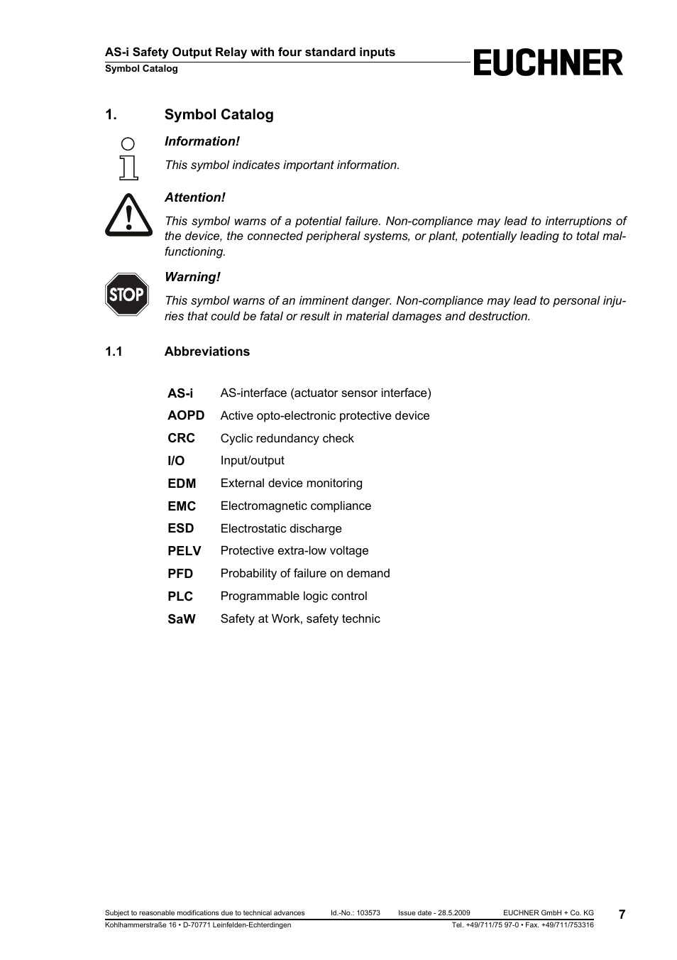 Symbol catalog, 1 abbreviations, Abbreviations | EUCHNER AS-i Safety Output Relay with four standard inputs User Manual | Page 7 / 28