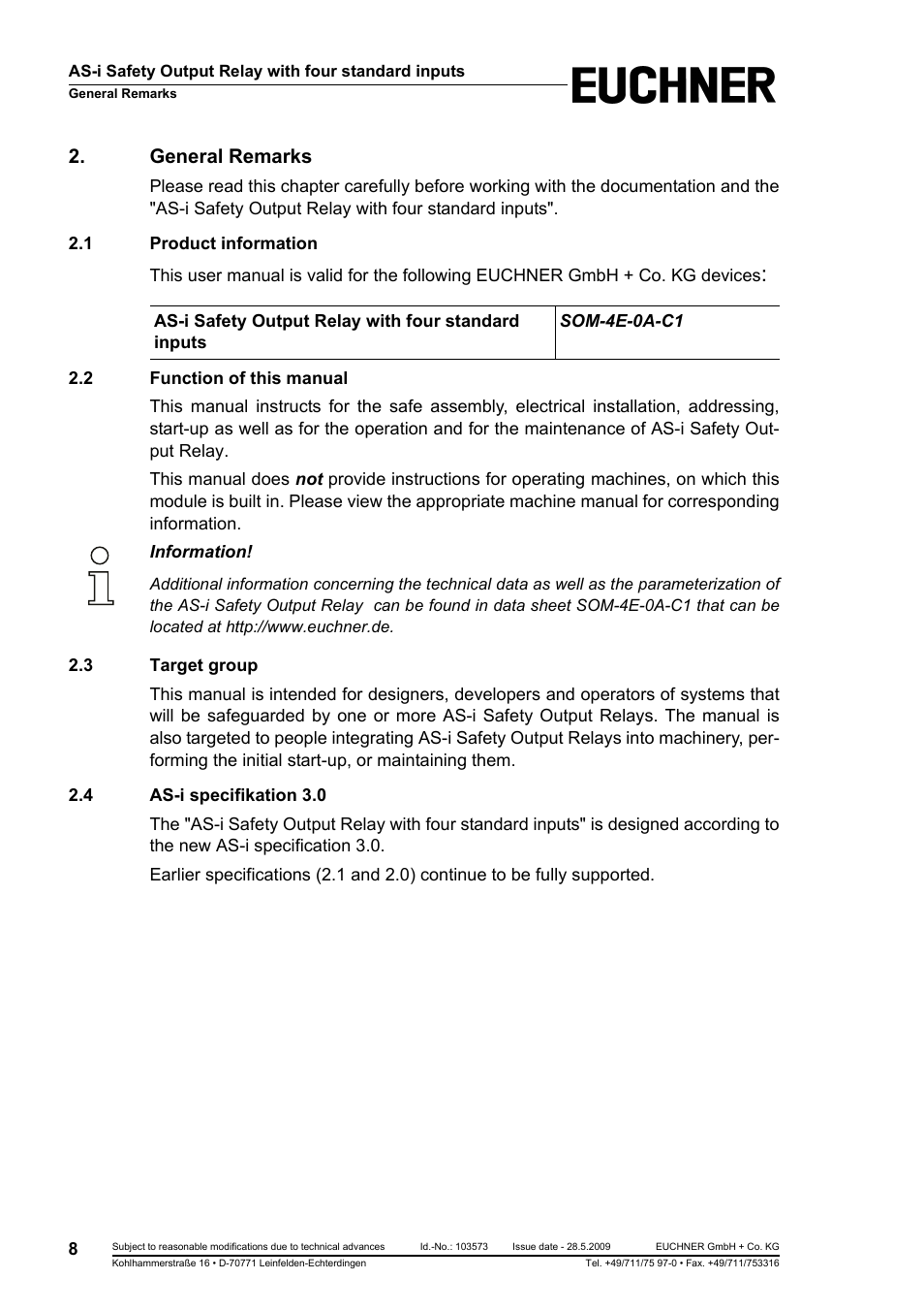 General remarks, 1 product information, 2 function of this manual | 3 target group, 4 as-i specifikation 3.0, Product information, Function of this manual, Target group, As-i specifikation 3.0 | EUCHNER AS-i Safety Output Relay with four standard inputs User Manual | Page 8 / 28