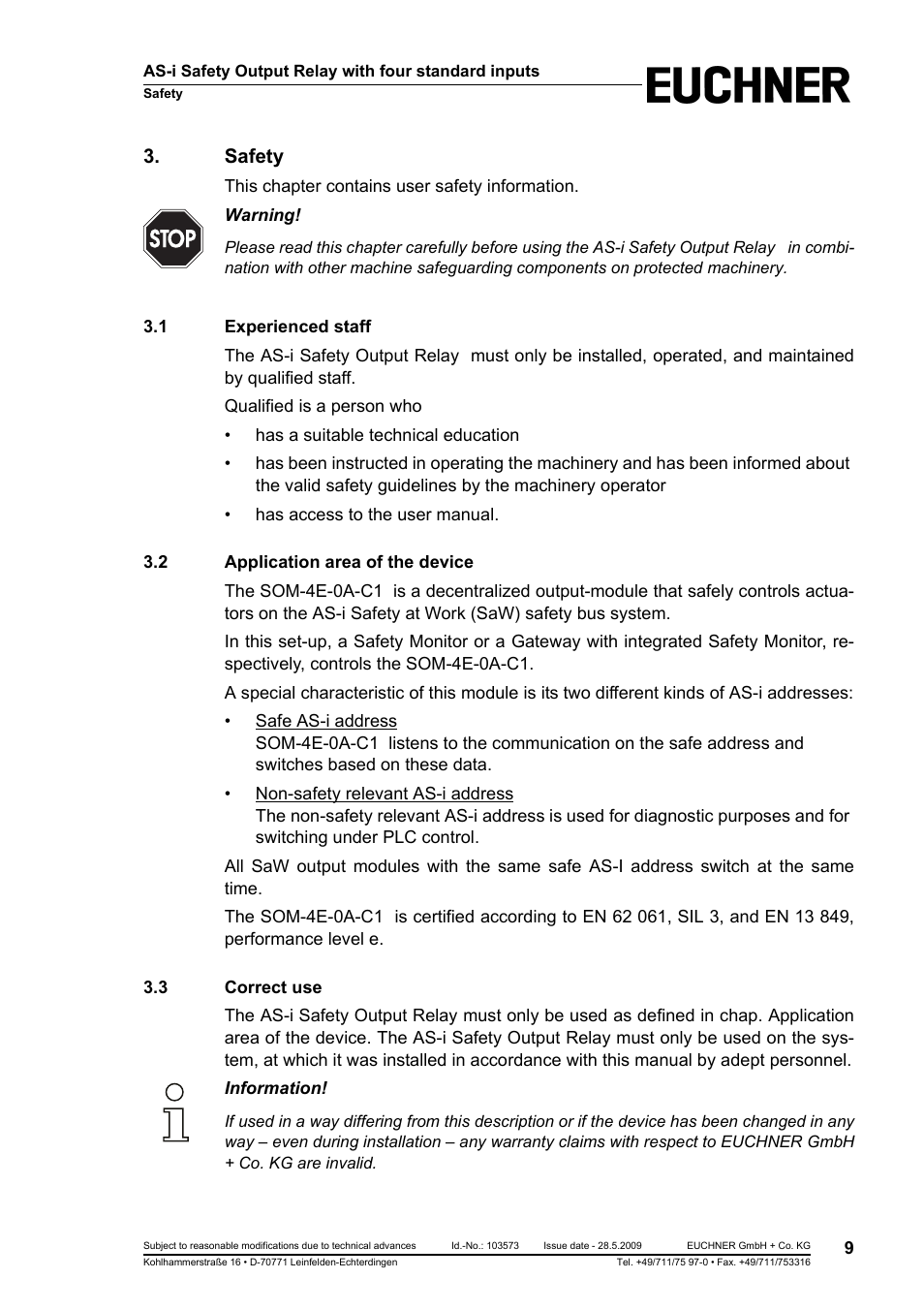 Safety, 1 experienced staff, 2 application area of the device | 3 correct use, Experienced staff, Application area of the device, Correct use | EUCHNER AS-i Safety Output Relay with four standard inputs User Manual | Page 9 / 28