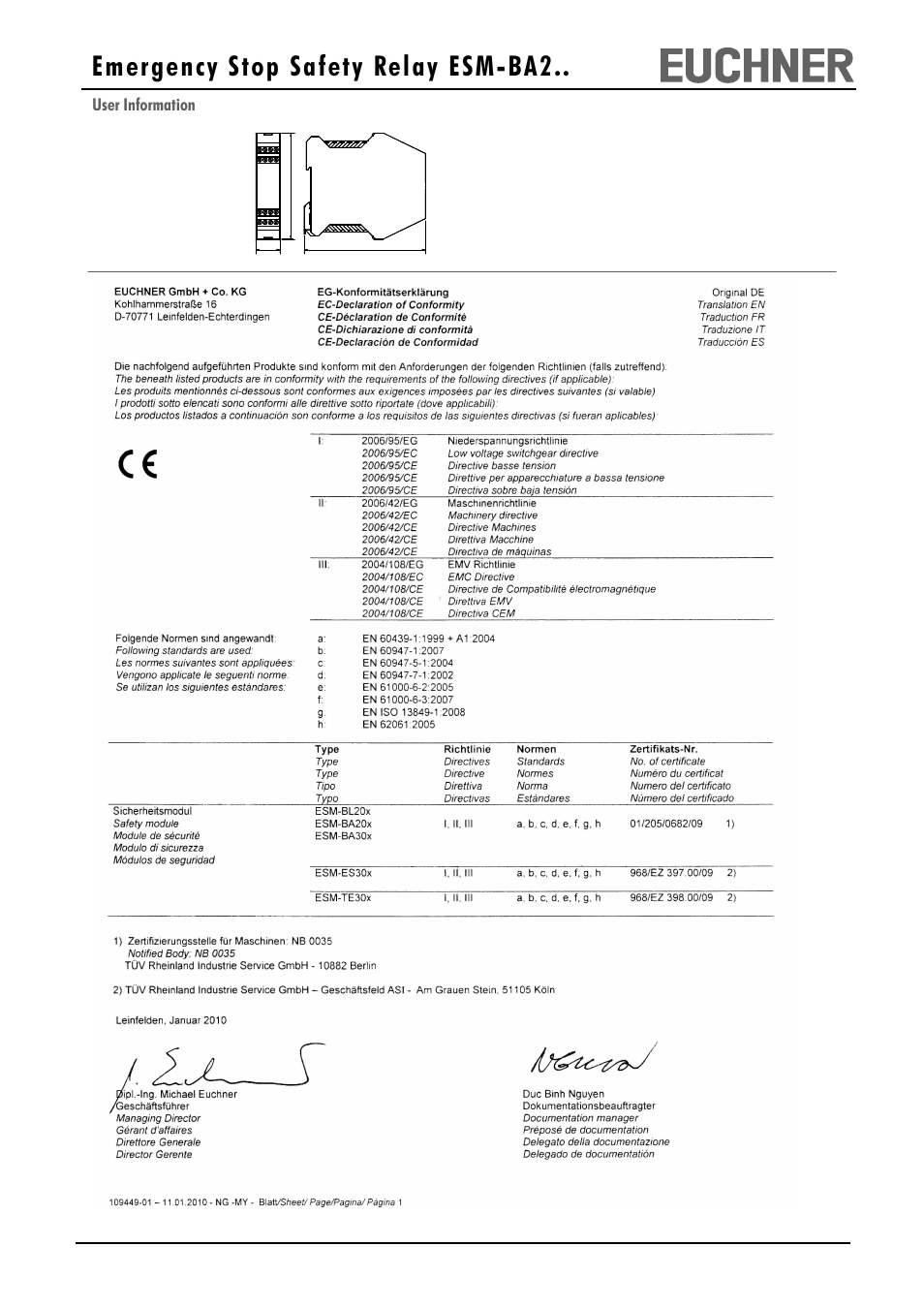 Emergency stop safety relay esm-ba2, User information | EUCHNER ESM-BA2xx User Manual | Page 4 / 4