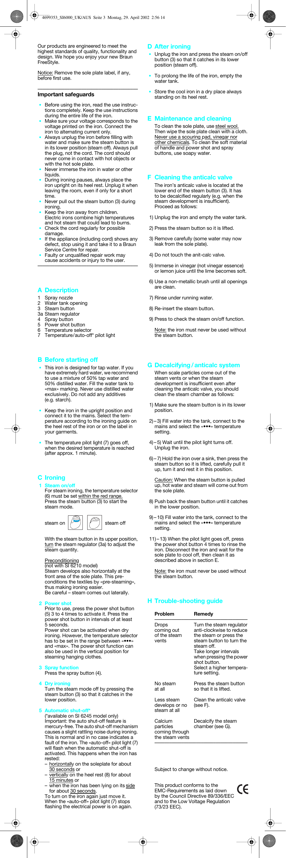 A description, B before starting off, C ironing | D after ironing, E maintenance and cleaning, F cleaning the anticalc valve, G decalcifying / anticalc system, H trouble-shooting guide | Braun 4 694 User Manual | Page 3 / 4