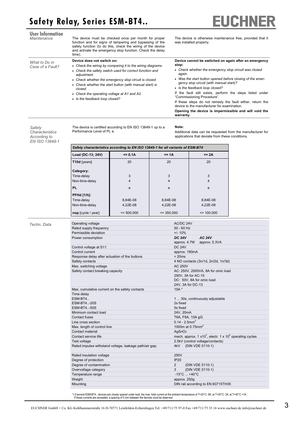 Safety relay, series esm-bt4, User information | EUCHNER ESM-BT4 Series User Manual | Page 3 / 4
