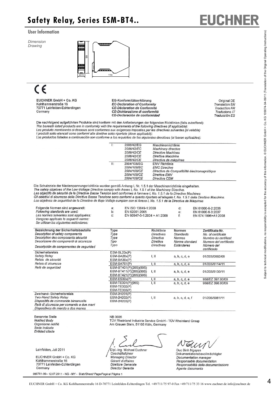 Safety relay, series esm-bt4, User information | EUCHNER ESM-BT4 Series User Manual | Page 4 / 4