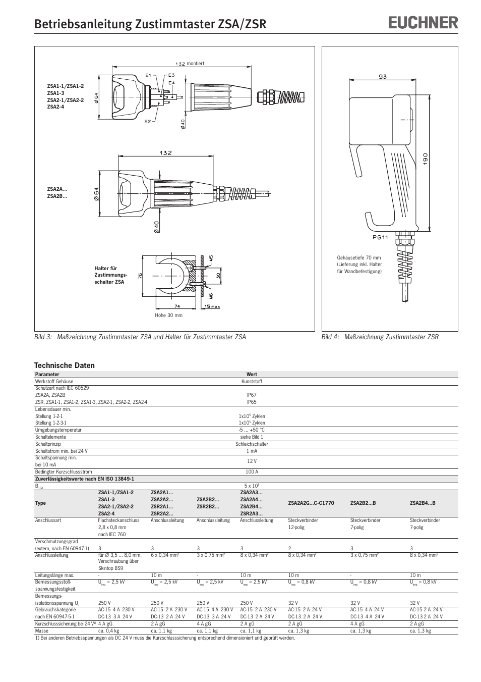Betriebsanleitung zustimmtaster zsa/zsr, Technische daten | EUCHNER ZSR User Manual | Page 3 / 12