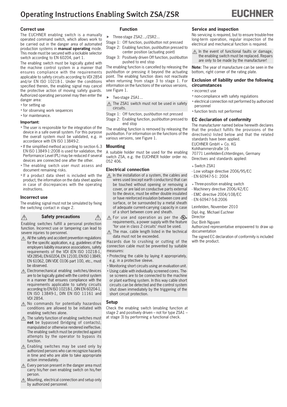 Operating instructions enabling switch zsa/zsr | EUCHNER ZSR User Manual | Page 4 / 12