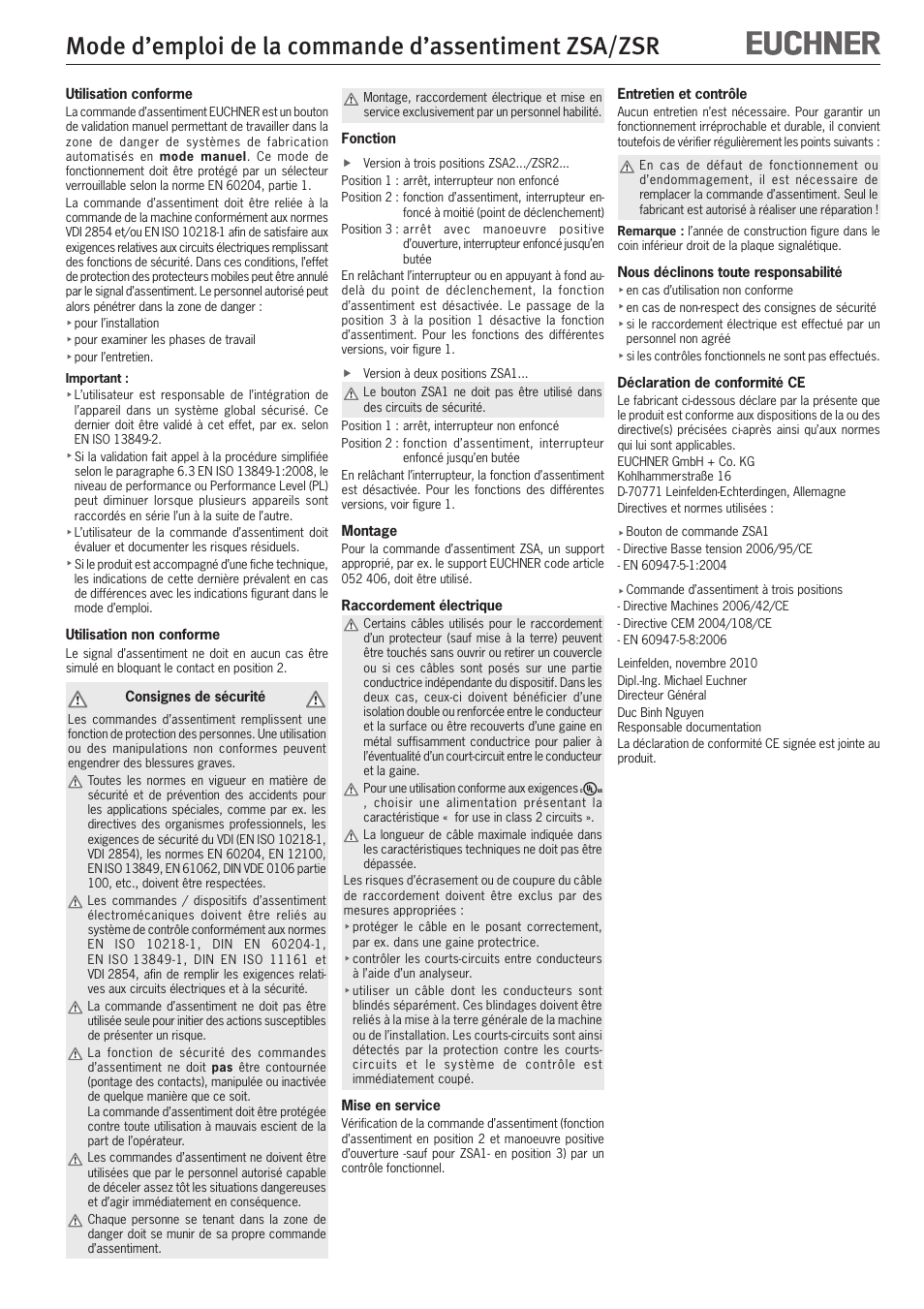 Mode d’emploi de la commande d’assentiment zsa/zsr | EUCHNER ZSR User Manual | Page 7 / 12