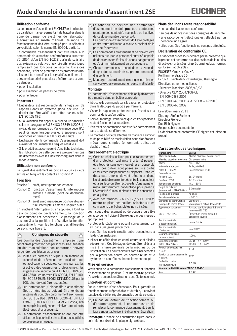 Mode d’emploi de la commande d’assentiment zse, Utilisation conforme, Utilisation non conforme | Fonction, Consignes de sécurité, Montage, Raccordement électrique, Mise en service, Entretien et contrôle, Caractéristiques techniques | EUCHNER ZSE User Manual | Page 5 / 12
