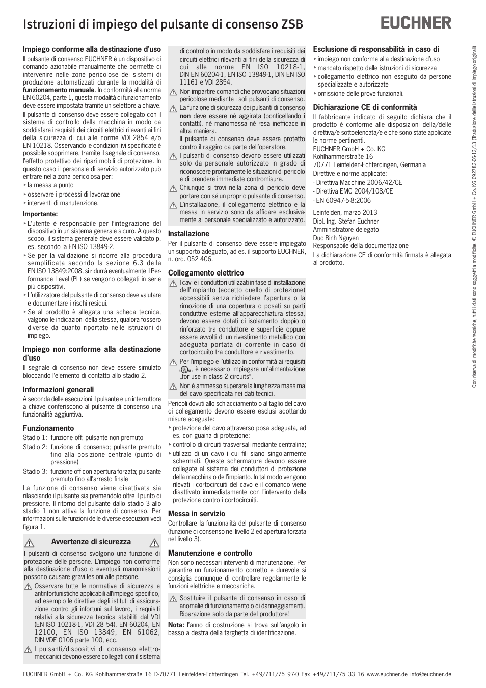 Istruzioni di impiego del pulsante di consenso zsb | EUCHNER ZSB User Manual | Page 10 / 12