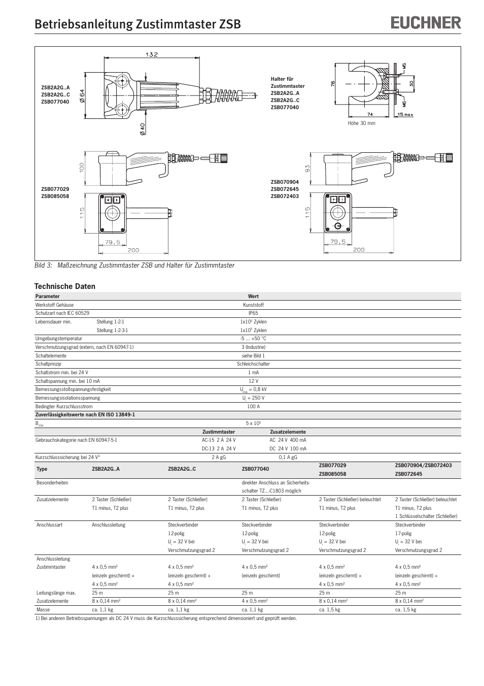 Betriebsanleitung zustimmtaster zsb, Technische daten | EUCHNER ZSB User Manual | Page 3 / 12