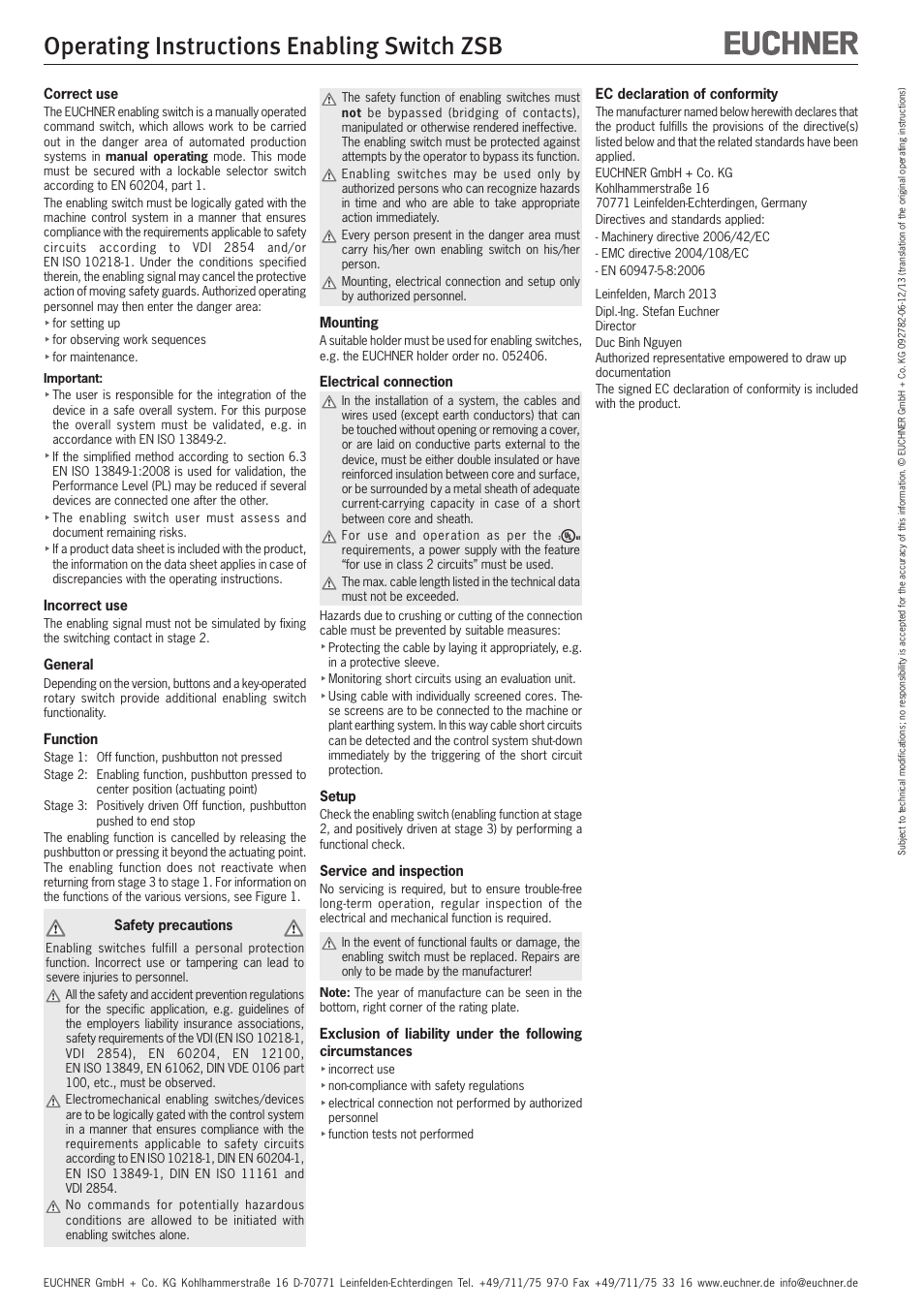 Operating instructions enabling switch zsb | EUCHNER ZSB User Manual | Page 4 / 12