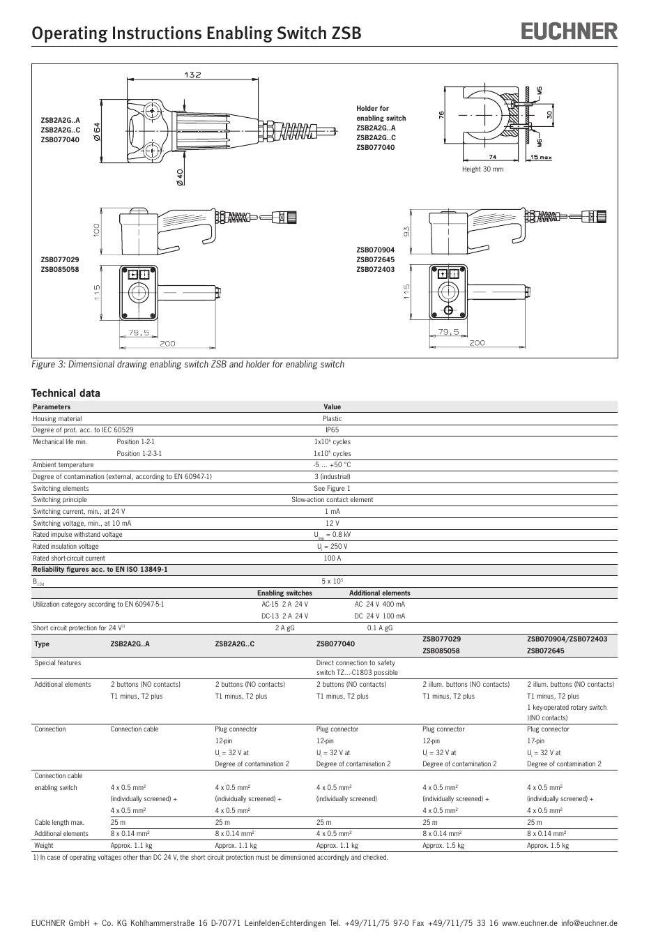 Operating instructions enabling switch zsb, Technical data | EUCHNER ZSB User Manual | Page 6 / 12