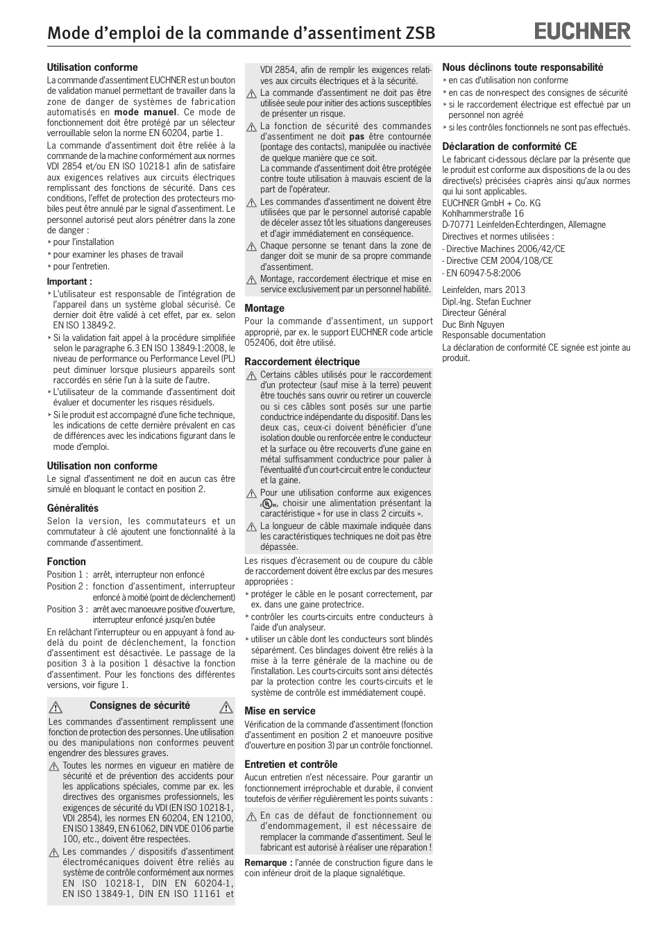 Mode d’emploi de la commande d’assentiment zsb | EUCHNER ZSB User Manual | Page 7 / 12