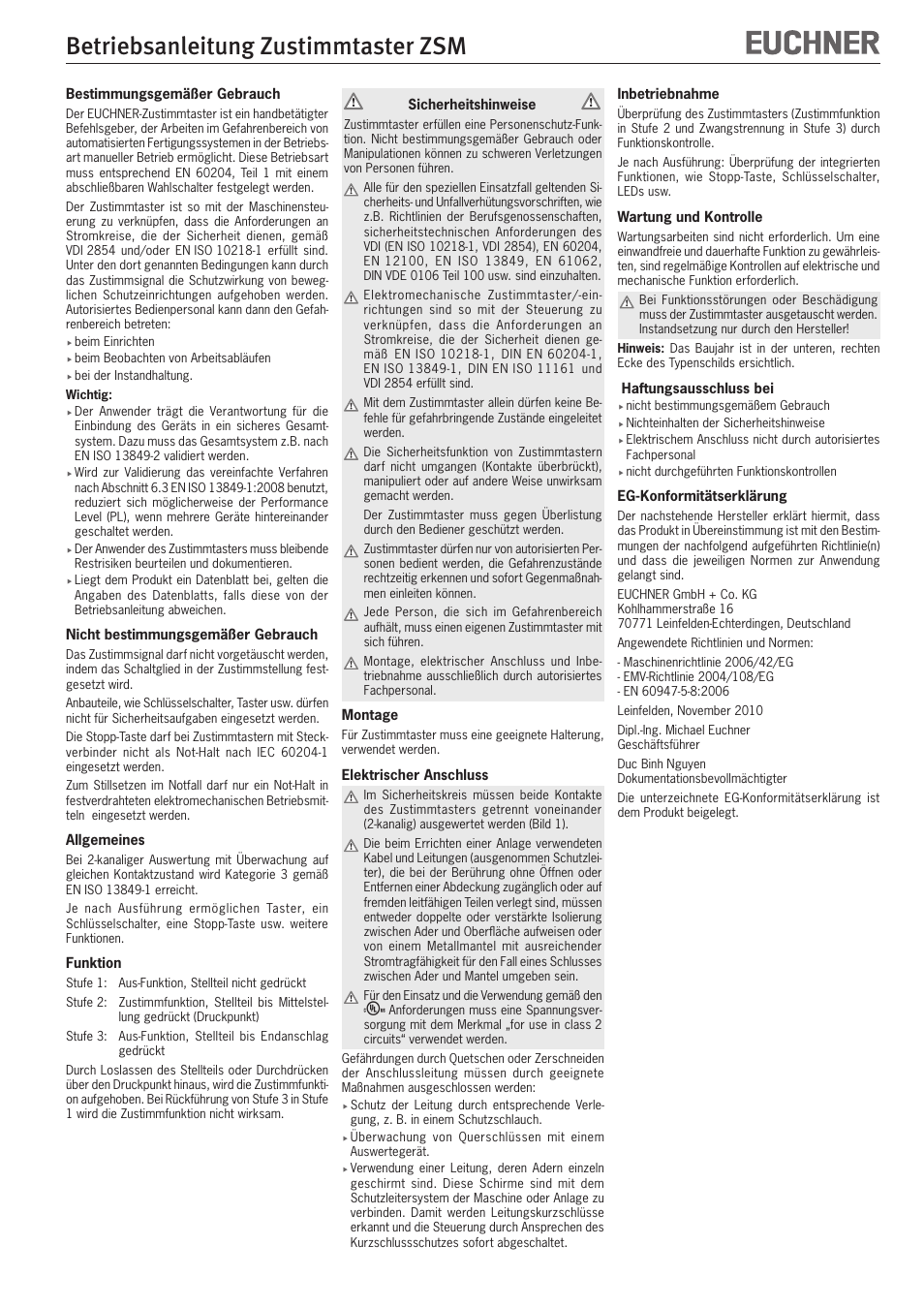 EUCHNER ZSM User Manual | 8 pages