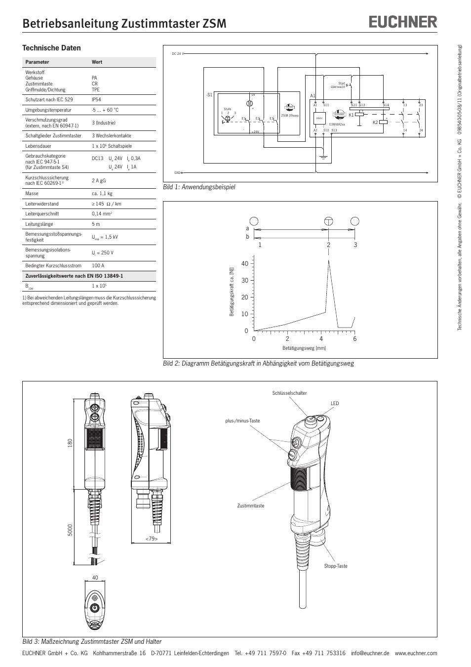 Betriebsanleitung zustimmtaster zsm, Technische daten, Bild 3: maßzeichnung zustimmtaster zsm und halter | Bild 1: anwendungsbeispiel | EUCHNER ZSM User Manual | Page 2 / 8