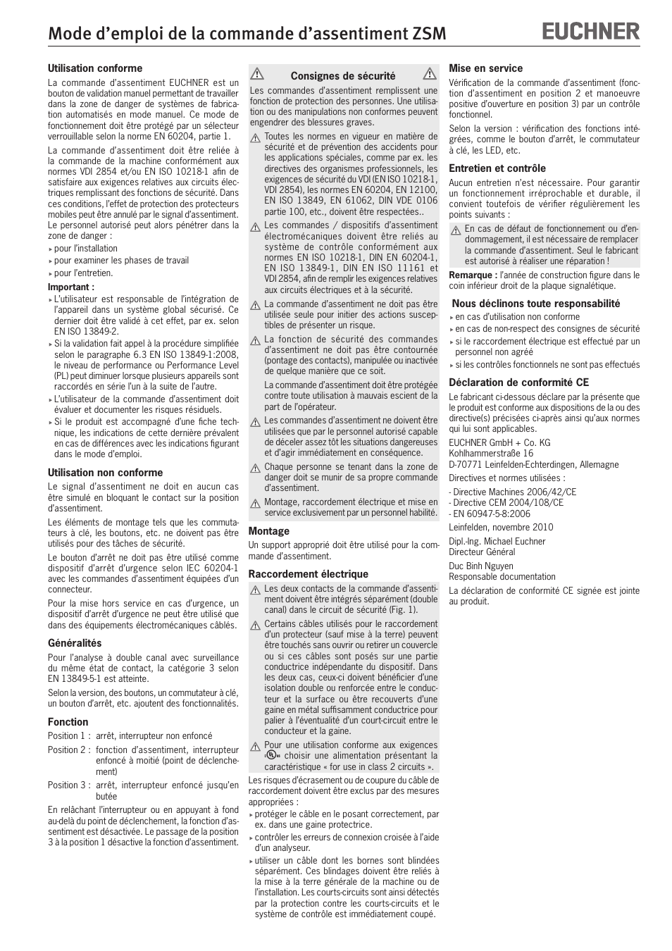 Mode d’emploi de la commande d’assentiment zsm | EUCHNER ZSM User Manual | Page 5 / 8