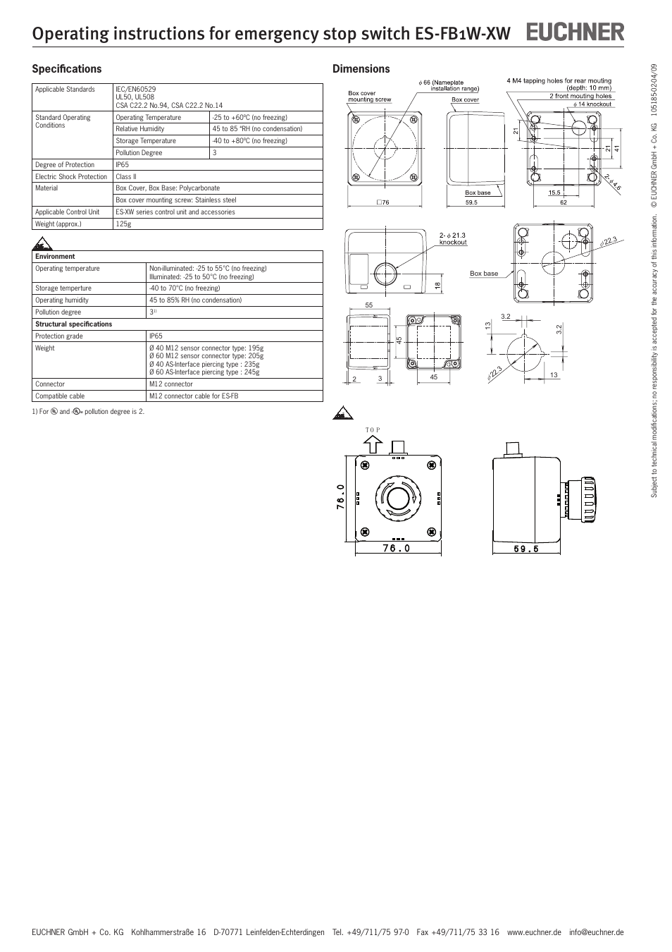 Specifications, Dimensions | EUCHNER ES-FB1W-XW User Manual | Page 2 / 2