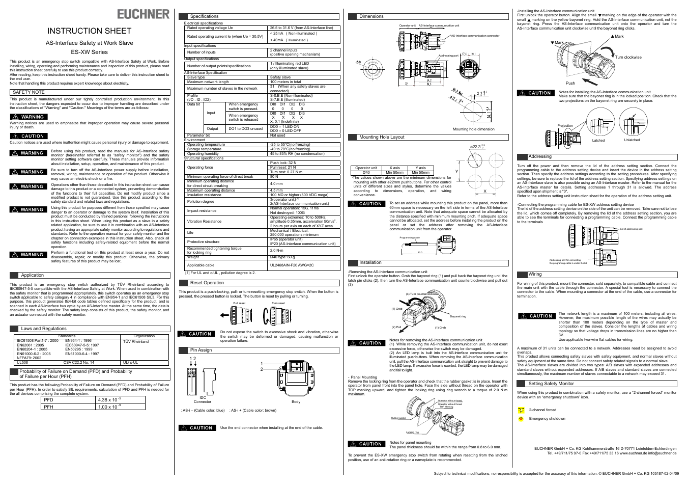 EUCHNER ES-XW Series User Manual | 1 page