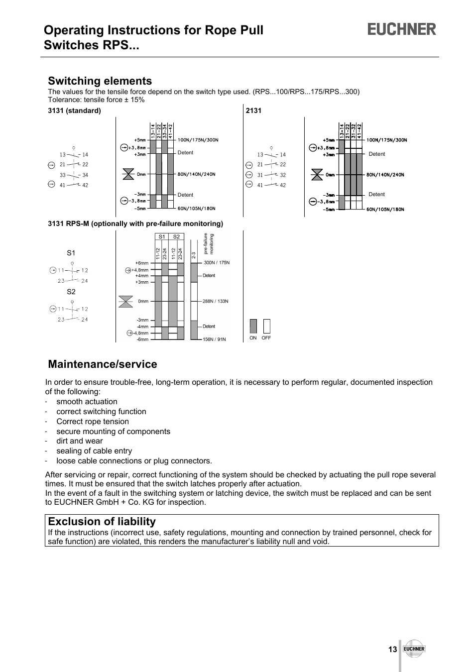 Operating instructions for rope pull switches rps, Switching elements, Maintenance/service | Exclusion of liability | EUCHNER RPS User Manual | Page 13 / 16