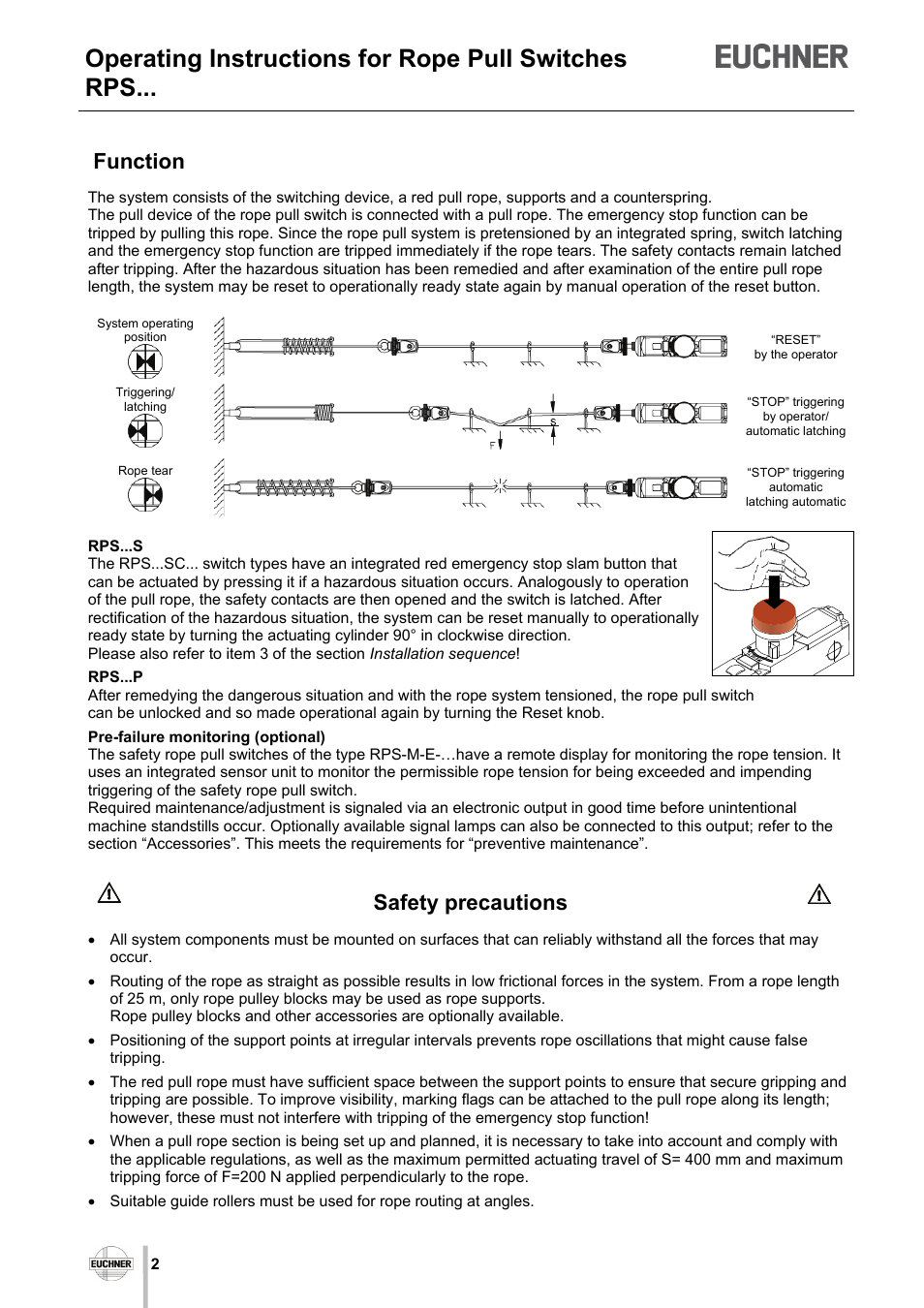 Operating instructions for rope pull switches rps, Function, Safety precautions | EUCHNER RPS User Manual | Page 2 / 16