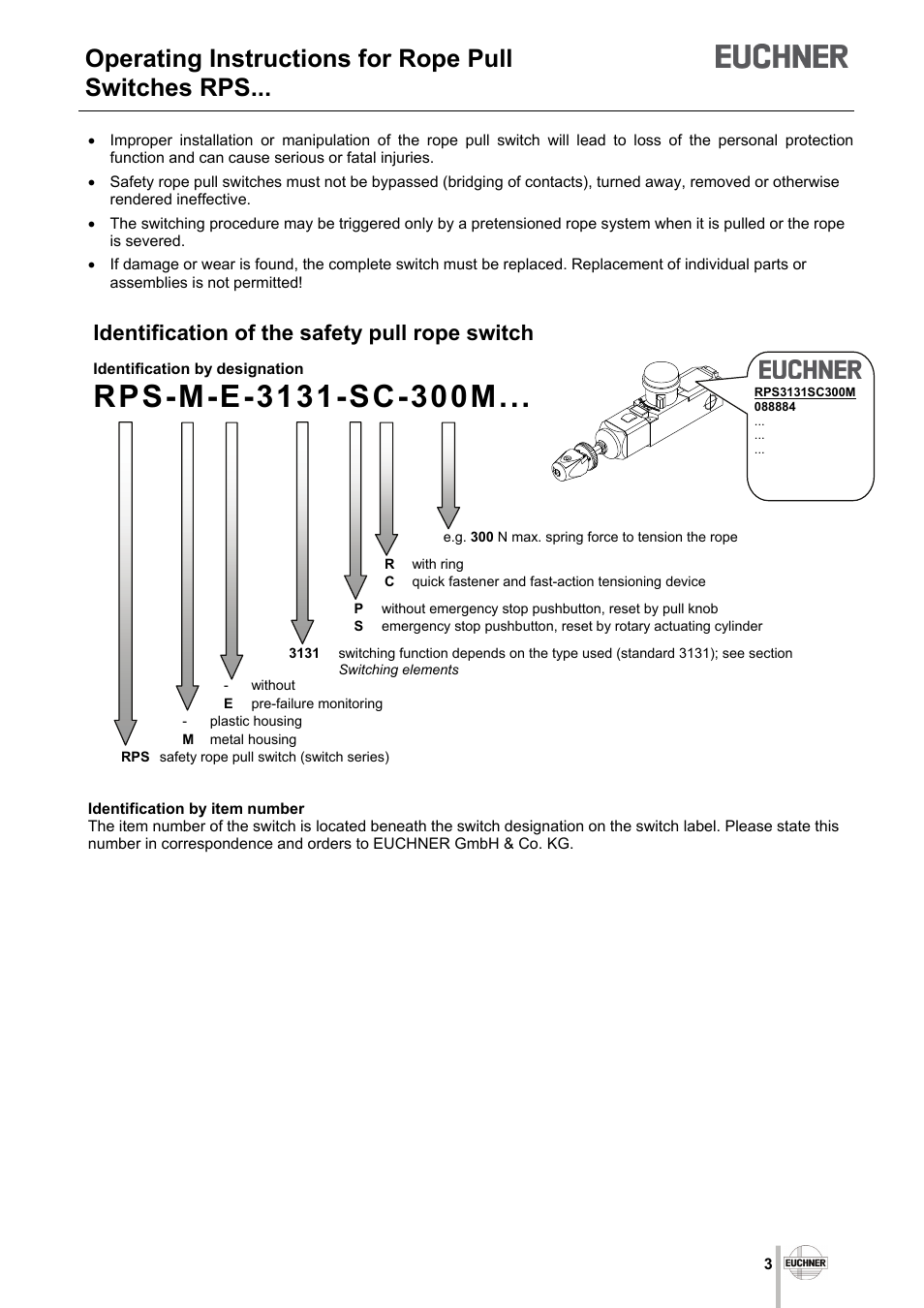 Operating instructions for rope pull switches rps, Identification of the safety pull rope switch | EUCHNER RPS User Manual | Page 3 / 16