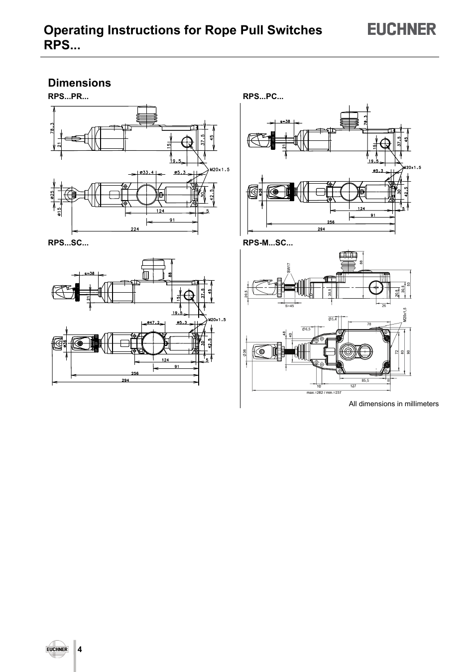 Operating instructions for rope pull switches rps, Dimensions | EUCHNER RPS User Manual | Page 4 / 16
