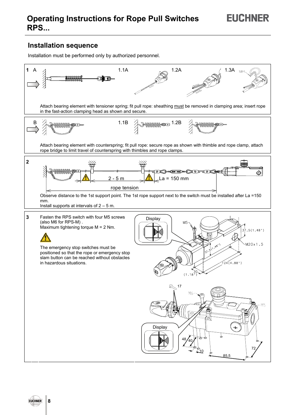Operating instructions for rope pull switches rps, Installation sequence | EUCHNER RPS User Manual | Page 8 / 16
